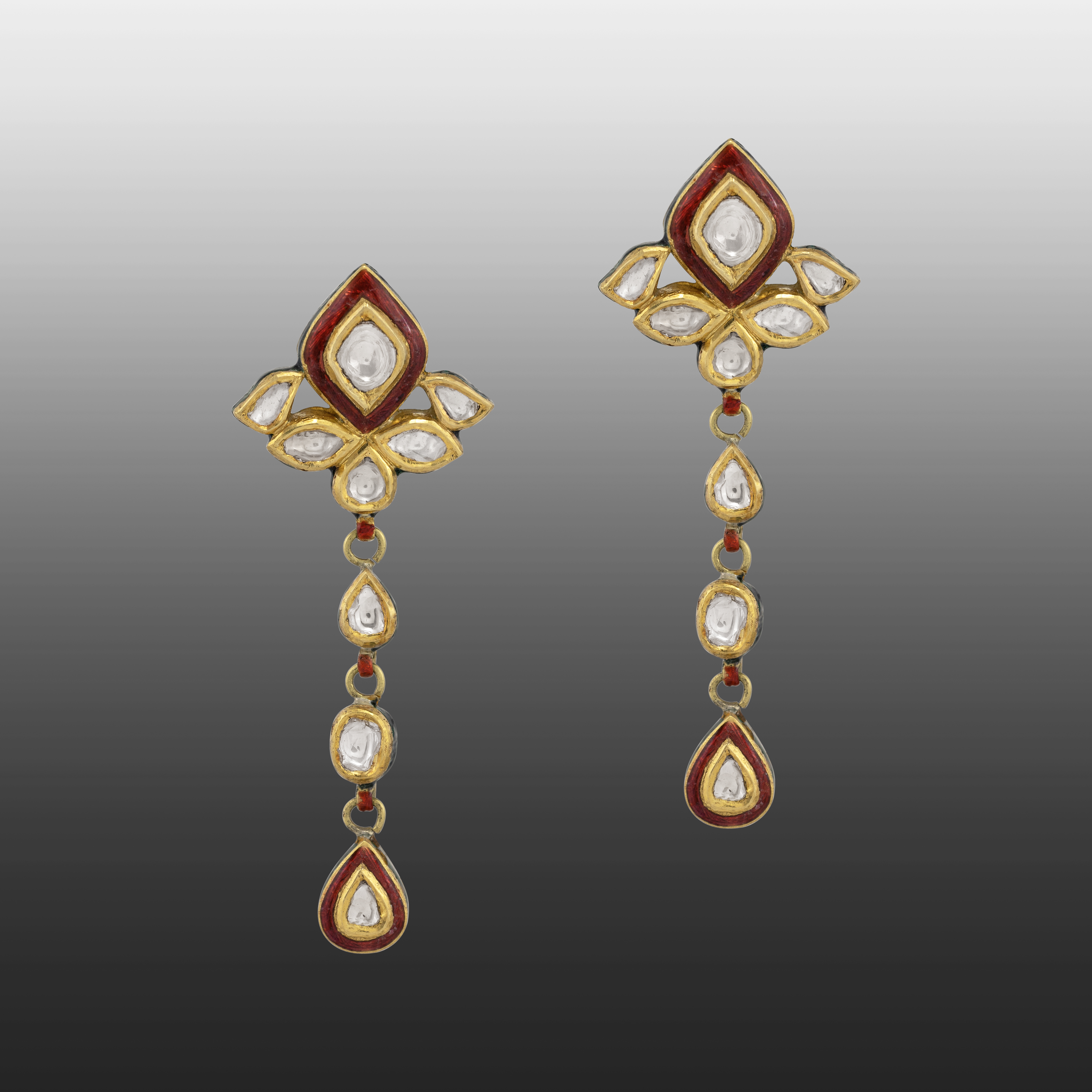Teardrop Polki Earrings with Red Enamel & Cascading Design